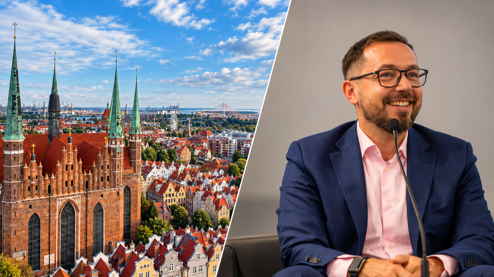 Kolaż panoramy Gdańska i portretu Tomasza Wrzesiewskiego przy mikrofonie
